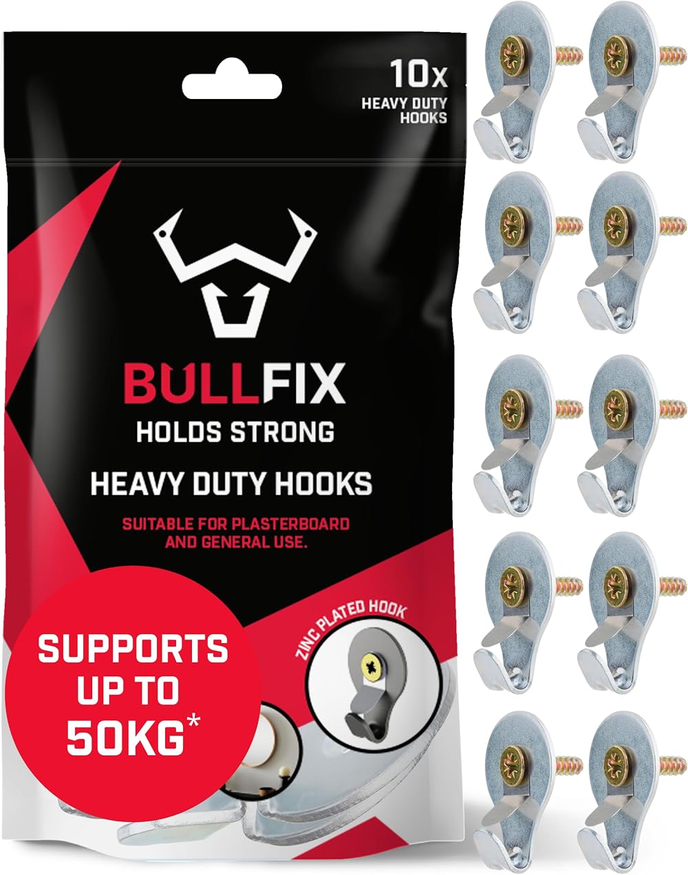 Bullfix Hook Heavy Duty Picture Wall Hooks 50kg Pack 10 Frames Plasterboard