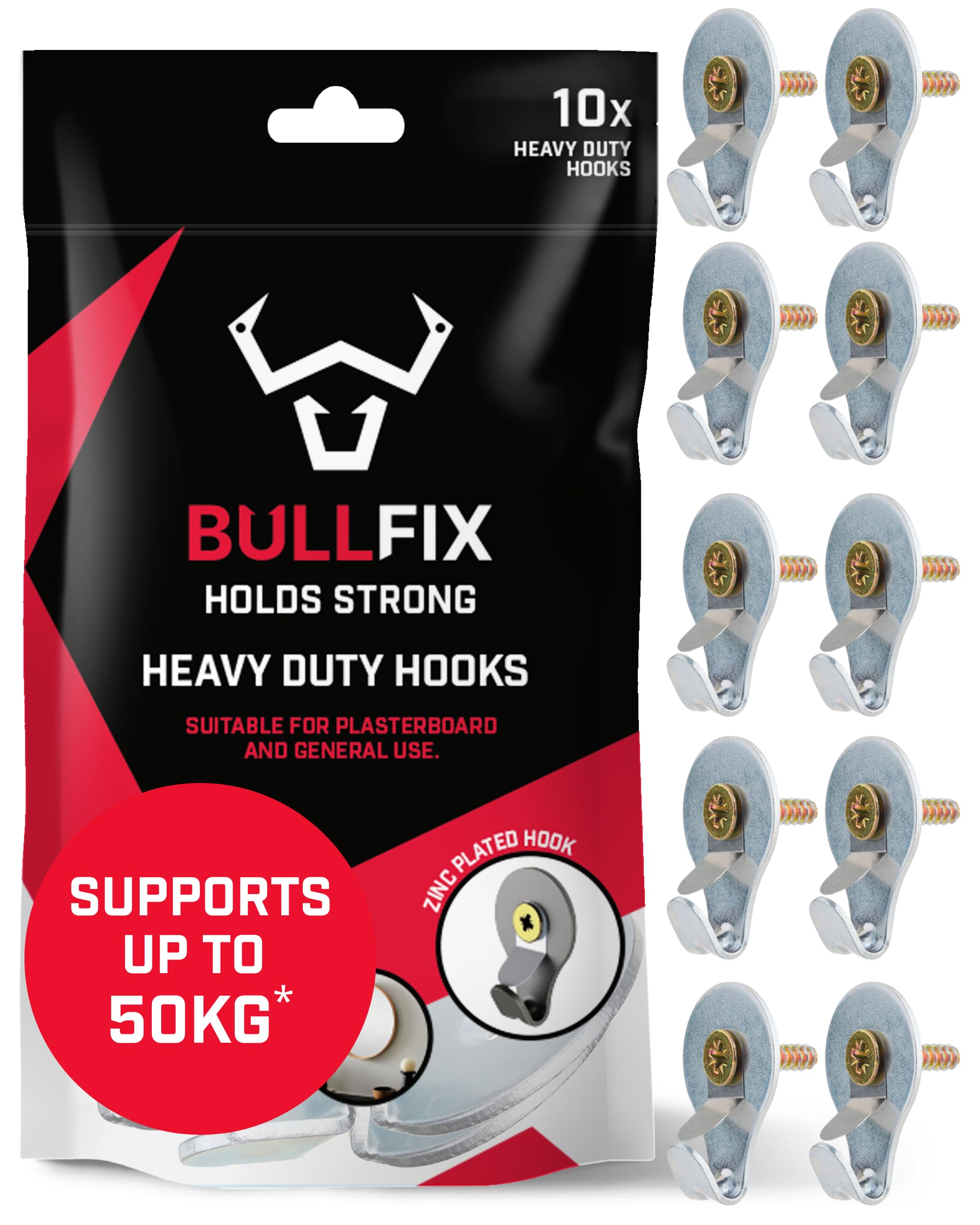 Bullfix Hook - Heavy Duty Picture Hooks, Pack of 10, Wall Hooks for Hanging Picture Frames onto Masonry Walls, Timber & Plasterboard, Holds up to 50kg, Universal Plasterboard Fixings Kit for Frames