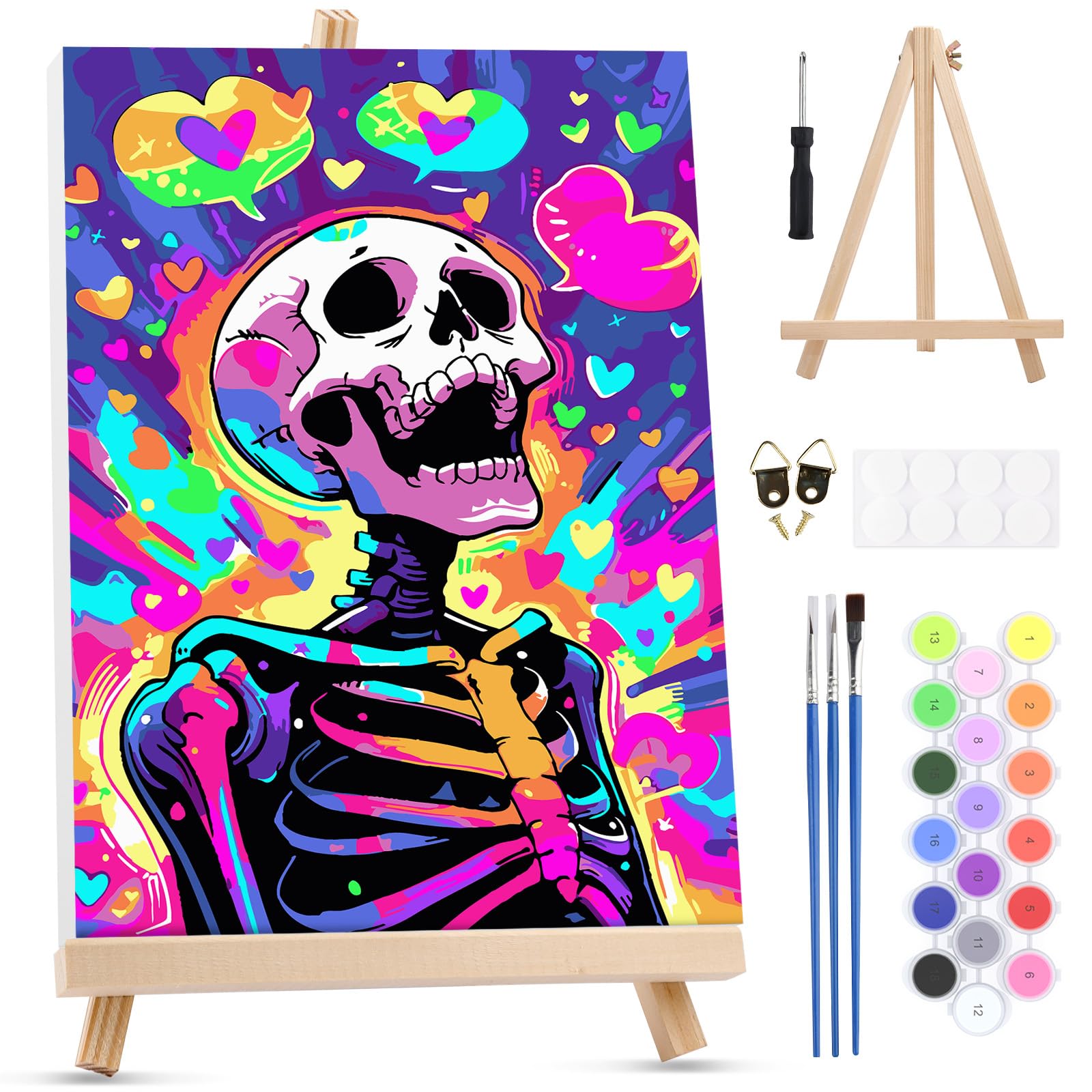 MXJSUA Rainbow Skeleton Framed Paint by Numbers Kit for Adults Beginner with Wooden Easel, Adults' Paint-by-Numbers on Canvas, Easy DIY Acrylic Number Painting for Home Decor Gifts, 20x30cm