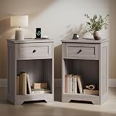 VASAGLE Gray Nightstand with Charging Station, 1 Drawer, Set of 2 | Wood End Table, 15.7 x 11.8 x 23.2 in, Washed Gray, Bedroom and Living Room, SIREN Collection ULET828FD01S
