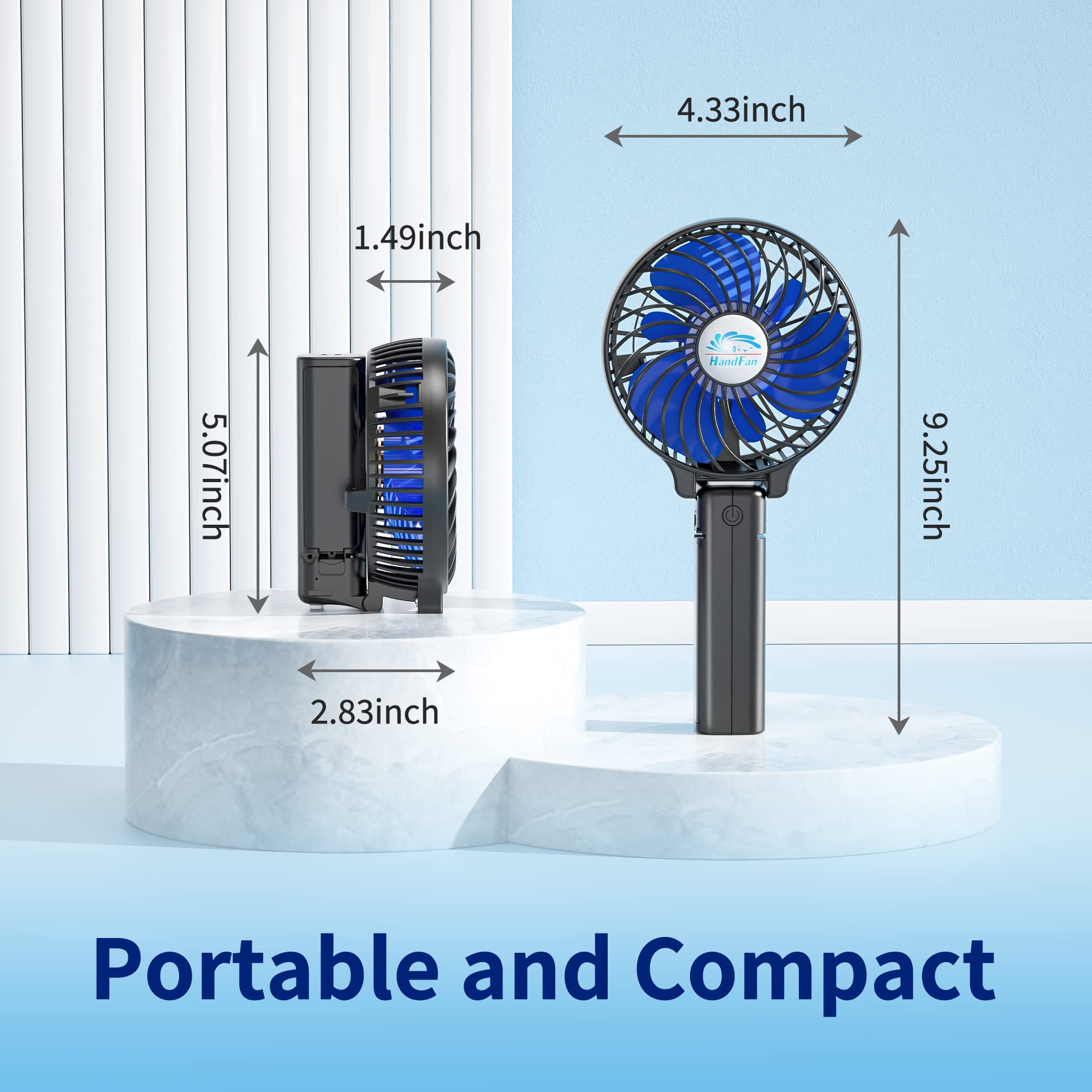 HandFan Portable Handheld Fan, Mini Personal Fan, Battery Operated Cooling Rechargeable, 180° Foldable Small Hand Fan, USB Powered, for Home, Office, Outdoor, Hiking, Travel, Stroller(Black&Blue)