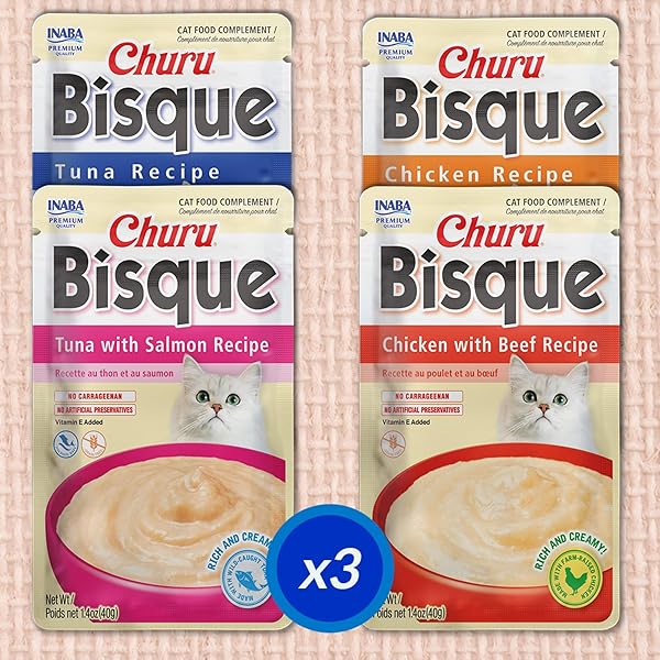 INABA CHURU BISQUE FOR CATS, CREAMY LICKABLE PURÉE SIDE DISH WITH VITAMIN E, 1.4 OUNCES PER POUCH, 12 POUCHES, TUNA & CHICKEN VARIETY