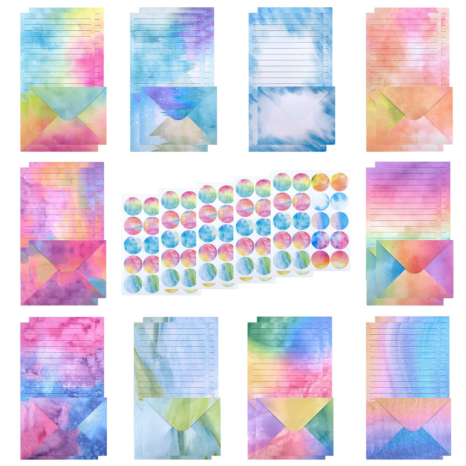 Tanstic 200Pcs(50 Sets) 5.5 x 8.25 Inch Stationery Paper Set Watercolor Stationary Paper and Envelopes Mini Stationery Paper with Round Dot Sticker for Invitations, Letters