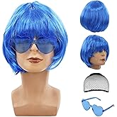 braxan Blue Wig & Heart Sunglasses, Blue Bob Wig with Bangs Vibrant Neon Bob Wigs for Women, Cosplay Party Wigs & Fun at Bachelorette Party