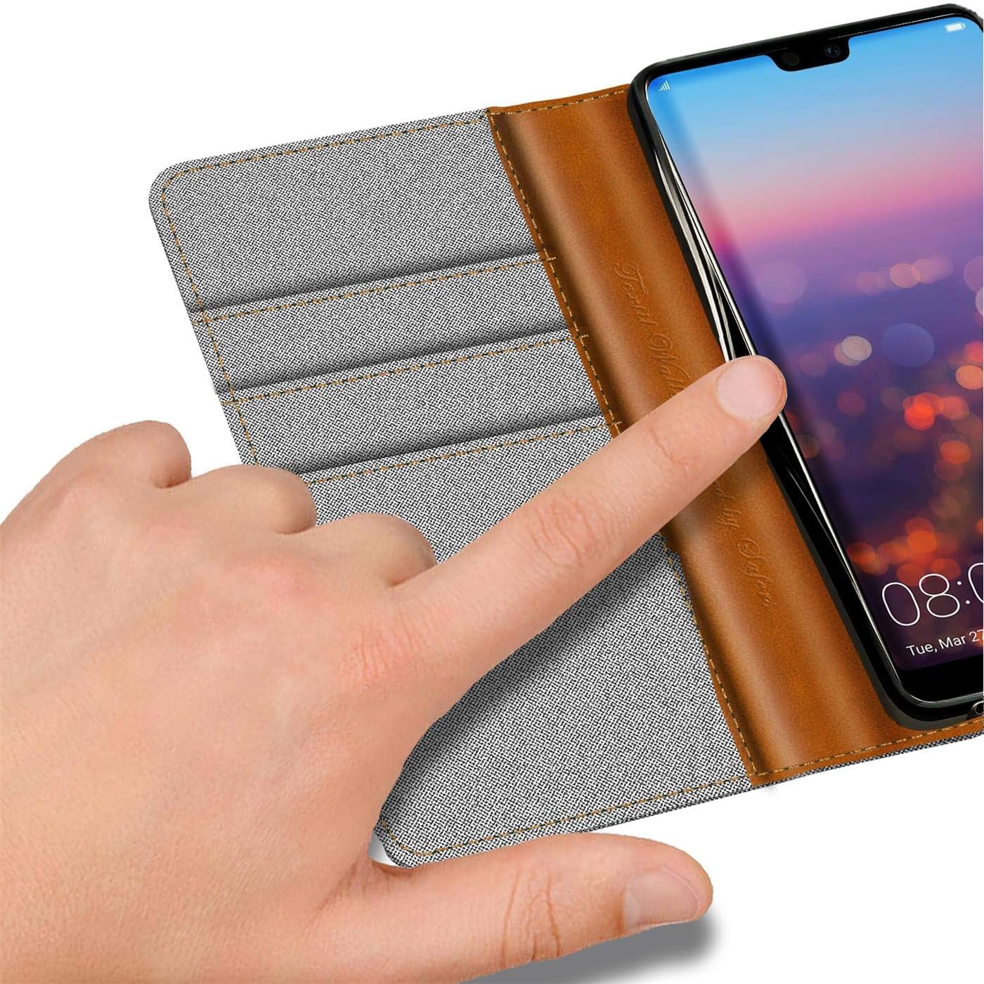 Verco Phone Wallet Case compatible with the Huawei P20, Canvas Faux Leather Book Cover for the P20 Flip Case Bag Hinged - Grey - Image 4