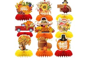ANSOUFIEN Thanksgiving Decorations, 9 Pack Thanksgiving Table Decorations, Honeycomb Fall Table Centerpieces for Thanksgiving Party, Harvest Themed Décor with Pumpkin, Turkey, Squirrel, Truck, Mushroom