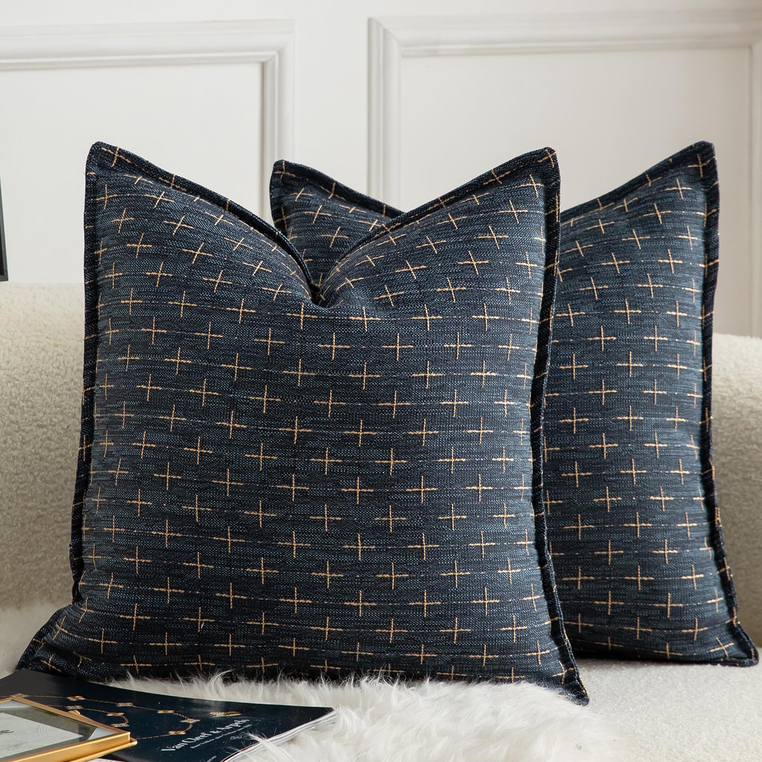 Mandioo Pack of 2 Burlap Linen Cushion Covers Woven Textured Modern Farmhouse Throw Pillow Cases Decorative Couch Sofa Bed Living Room 24 x 24 Inch 60x60 cm Deep Blue