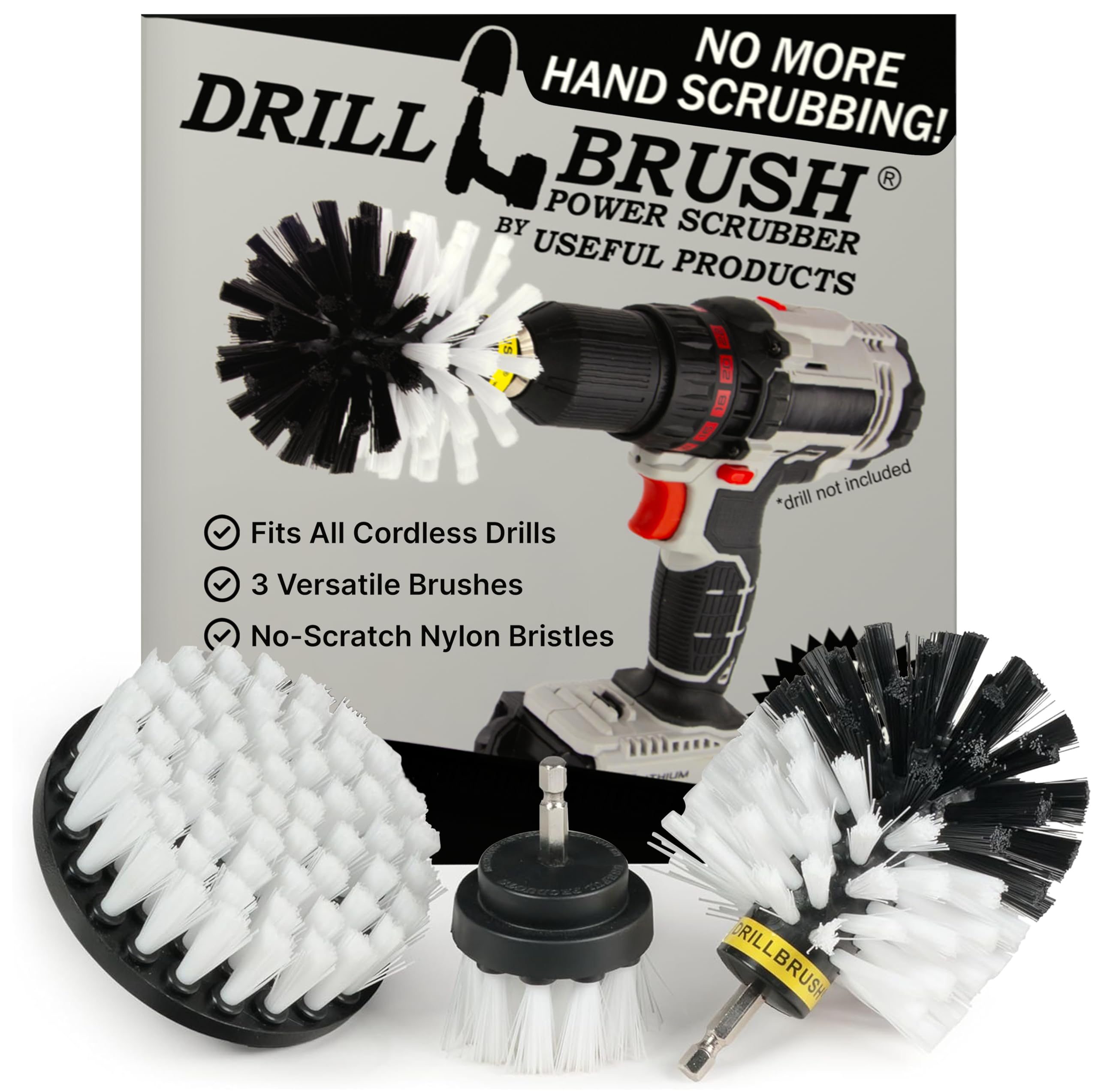 Drillbrush 3 Piece Drill Brush Cleaning Tool Attachment Kit for Scrubbing/Cleaning Tile, Grout, Shower, Bathtub, and All Other General Purpose Scrubbing (Automotive Soft-White)