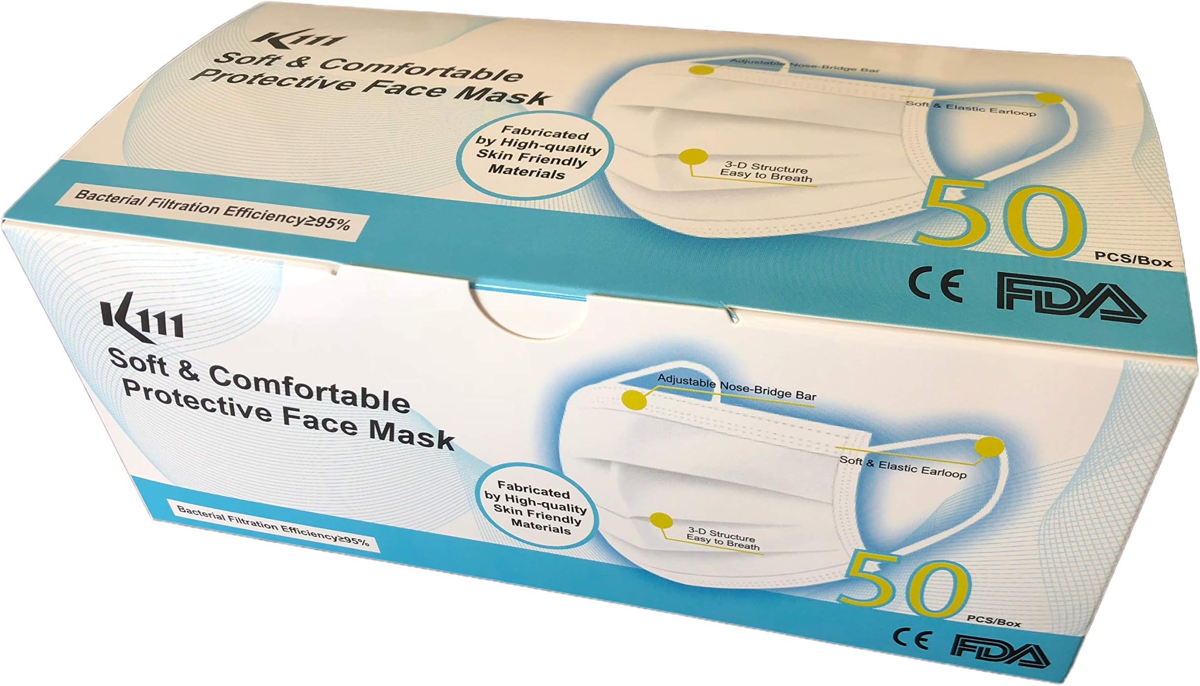 50 Pcs Disposable Earloop Face Ma sk, Thick 3-Ply face Mas k