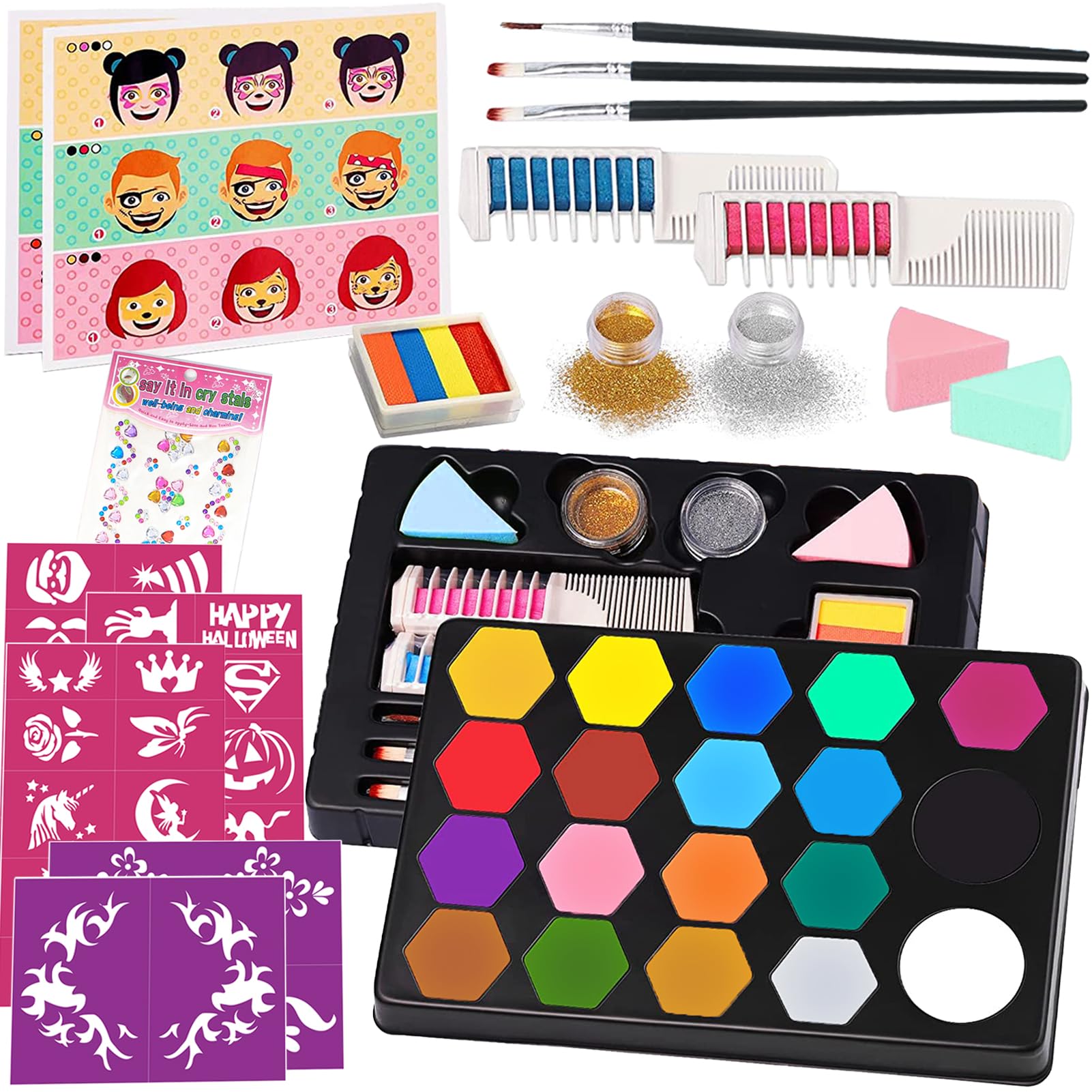 TEUVO Face Paints Kit for Children, 19 Colors Water Based & Quick Dry Body Non-Toxic Face Painting Kit with 35 Stencils 3 Brushes Rainbow Cake Hair Chalks Kids Makeup Kit for Halloween Carnival Party
