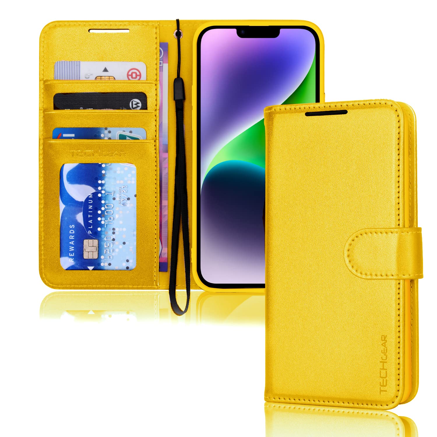 TECHGEAR iPhone 14 Plus Leather Wallet Case, Flip Protective Case Cover with Wallet Card Holder, Stand and Wrist Strap - Yellow PU Leather with Magnetic Closure Designed for iPhone 14 Plus 6.7"