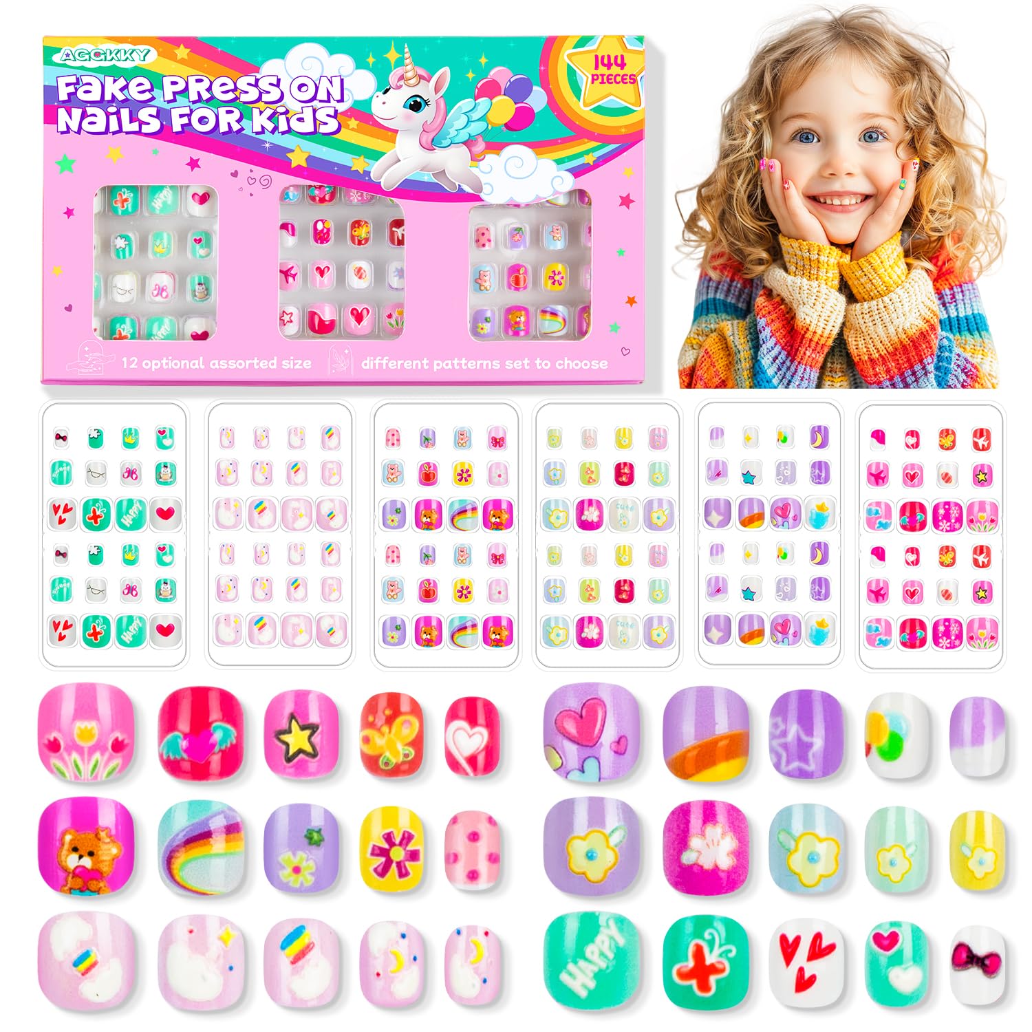 Photo 1 of 144 Pieces 6 Pack Kids Press on Nails Artificial Fake Nails for Kids Girls Pre Glue Full Cover Short Acrylic False Nail Tips Art Kits Gifts for Girls Nail Art Decoration (Lovely Pattern)