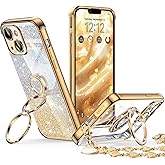 XYZ for iPhone 14 Plus Case with Stand, Phone Case with Double Ring Kickstand, Women Girls Bling Luxury Glitter Clear Phone Case Cover Heart for iPhone 14 Plus, Gold