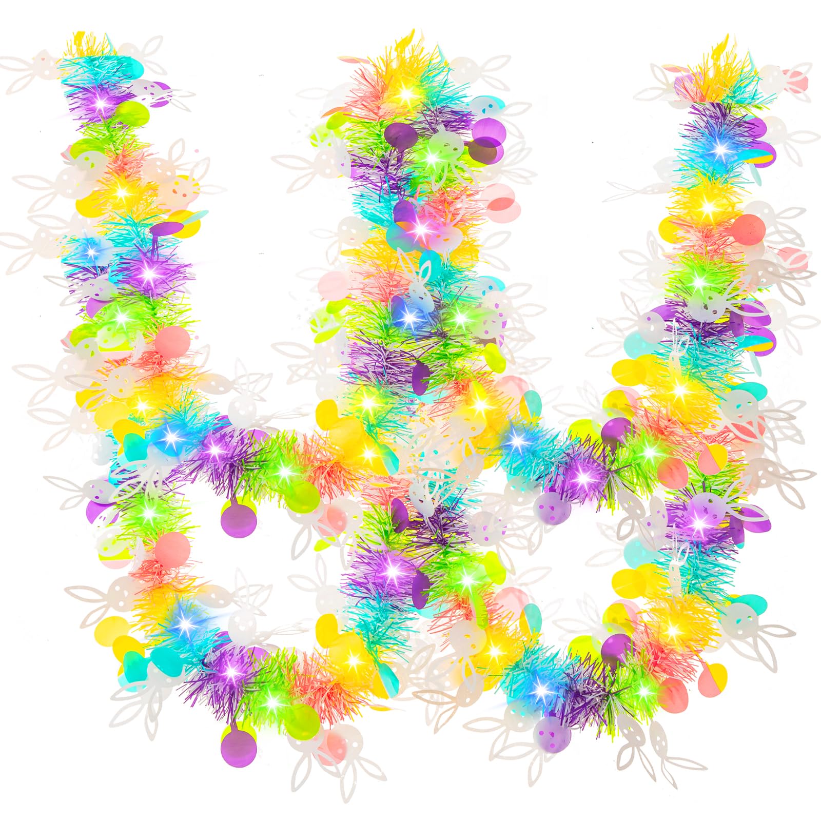Gloreyan 20FT/6M Easter Tinsel Garland with LED Lights Prelit Easter Bunny Egg Metallic Twist Tinsel Garland Battery Operted Lighted Colorful Foil Hanging Garland for Tree Decoration Party Supply