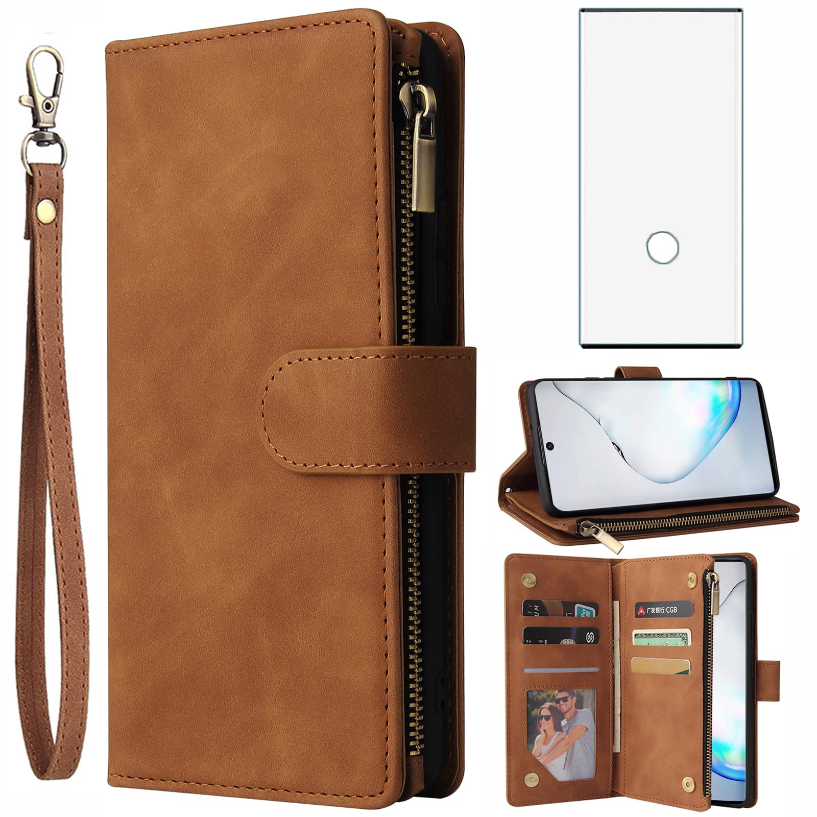 Asuwish Compatible with Samsung Galaxy Note 10 Glaxay Note10 5G Wallet Case Tempered Glass Screen Protector and Flip Cover Card Holder Cell Phone Cases for Gaxaly Notes 10s Ten Not S10 Women Men Brown