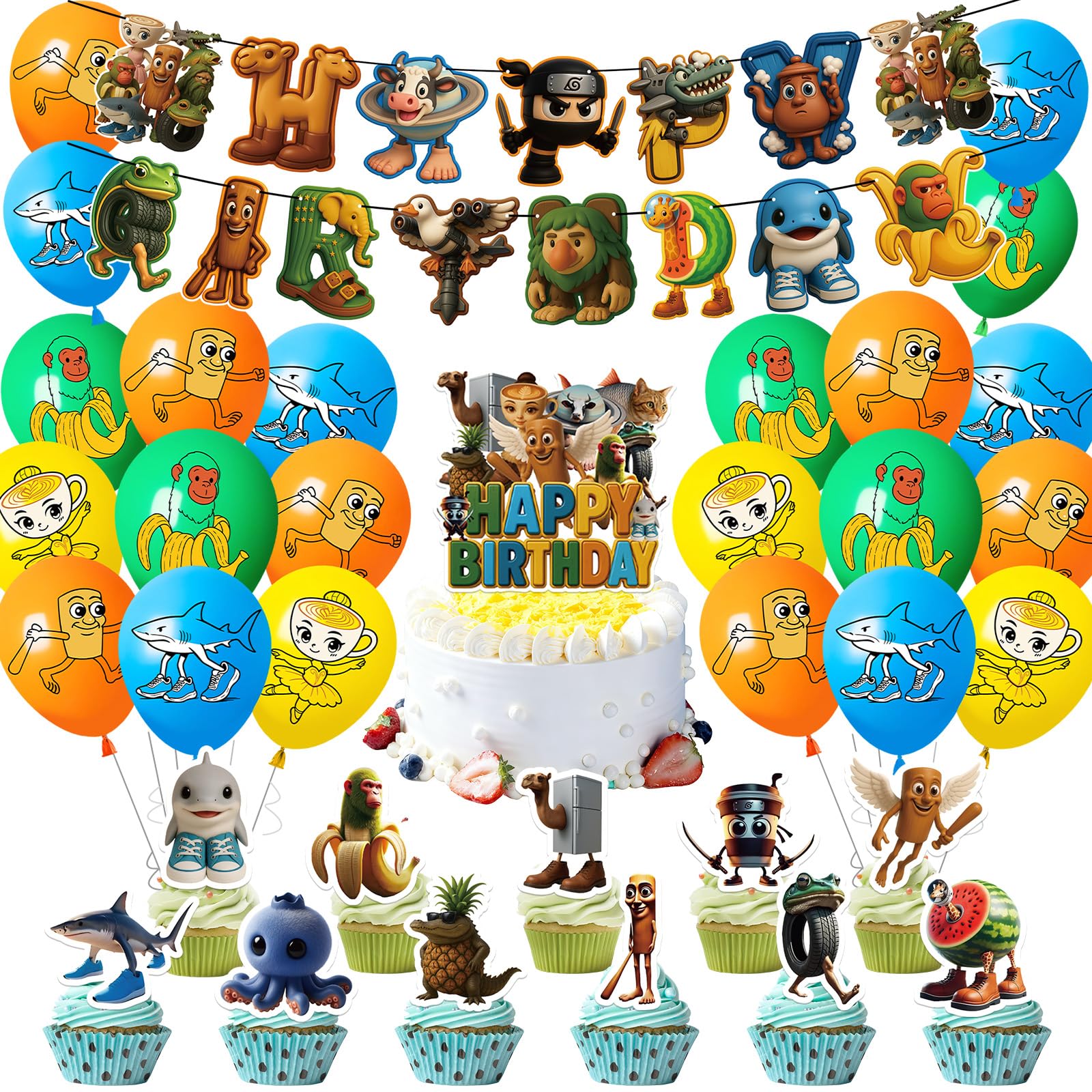 Tung Tung Tung Sahur Birthday Decorations for Boys Girls- Anime Kids Party Decorations Brain-rot Happy Birthday Balloons Happy BirthDay Banner Latex Balloons Cake Topper for Theme Party Supplies