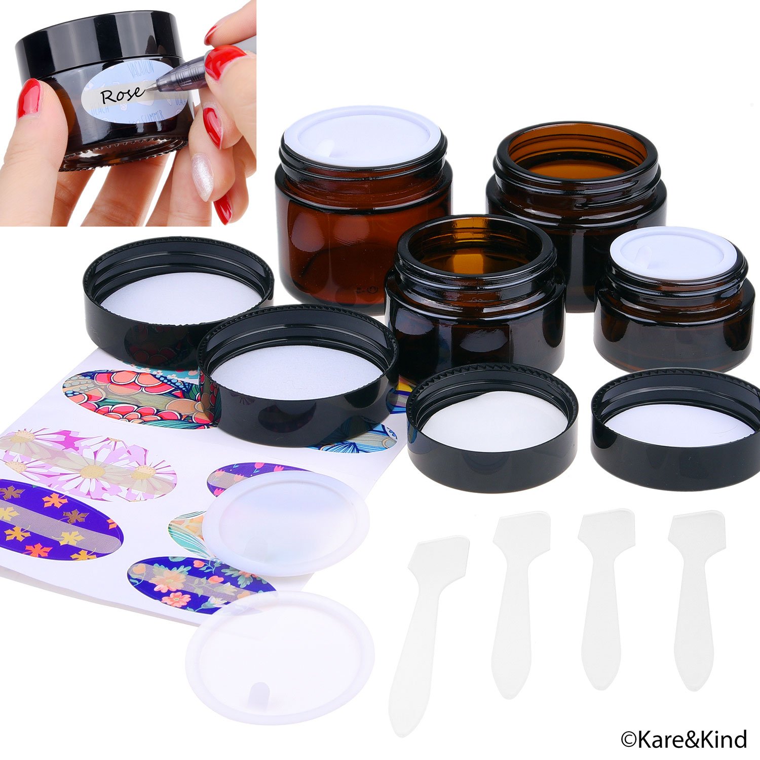 Kare & Kind Refillable Cosmetics Jars Kit - 4x Cosmetics Jars (Amber Glass), 4x Lids, 4x Inner Covers, 39x Labels + 4x Mini Spatula for Easy Filling - For Creams, Essential Oils, Powders, etc.