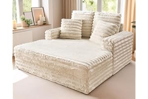 VanAcc 53 Inch Chaise Lounge Indoor, Plush Sleeper Chair with Throw Pillows, Upholstered Sofa Bed with Armrests, Plush Chair Bed for Living Room(Creamy White)