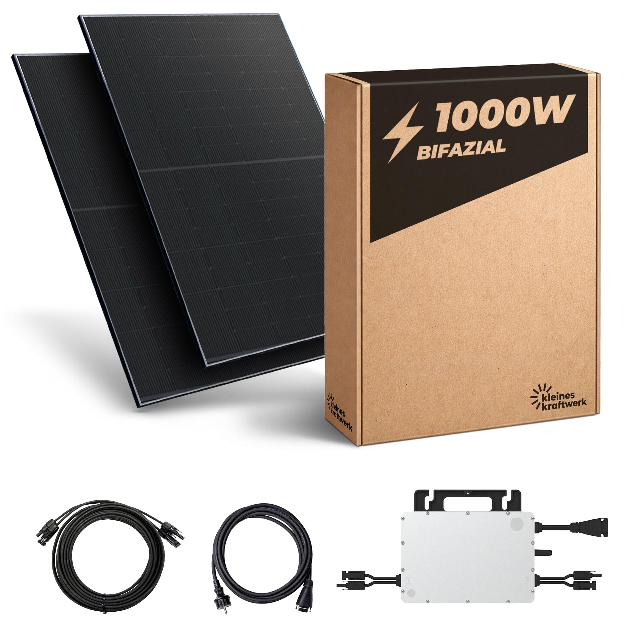 Kleines Kraftwerk 1000W Balkonkraftwerk XL Komplettset – 800W Wechselrichter, 2×500W bifaziale Solarmodule, 5 m Kabel, Steckdose – Solaranlage Balkon ohne Halterung
