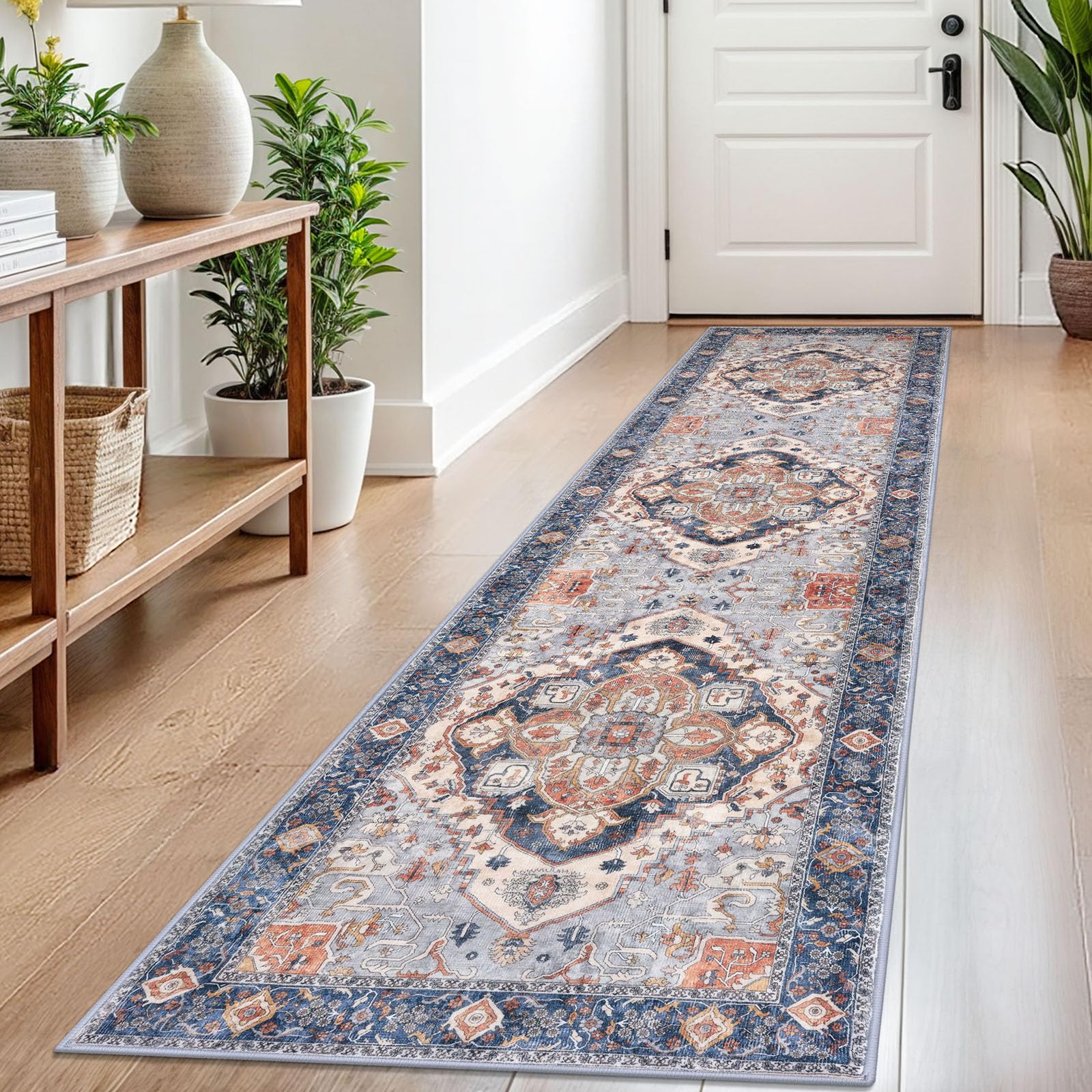 SIILOOM 2x8 Washable Runner Rug for Hallways, Ivory Blue Soft Classic Kitchen Rugs with Non-Slip, Non-Shedding Boho Rug for Hallways Entryway Bedroom Bathroom Laundry Indoor Image