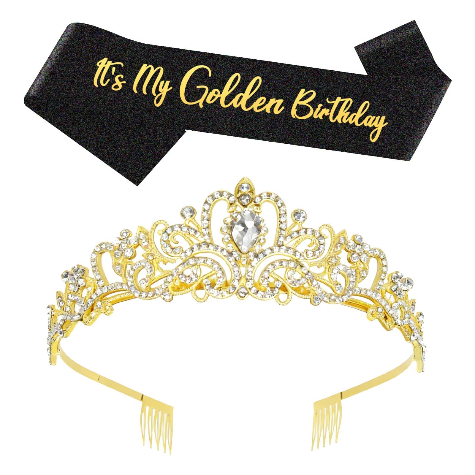 CYUXING 2Pcs Golden Crown Birthday Party Sash Decoration, Birthday Party Decorations Gifts Supplies Exquisite Golden Crown & Sash Decor Supplies for Women, Easy to Store