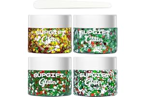 Christmas Body Glitter Gel SUPGIFT 4 Colors 8.5oz Holographic Chunky Mermaid Iridescent Laser Liquid Snowflake Star Tree Sequins for Makeup Face Eyeshadow Hair with Spoon