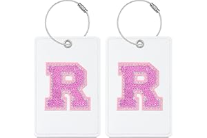 Sodsay 2 PCS Initial Luggage Tag, Luggage Tags for Suitcases Cute Sequin Letter PU Leather Travel Bag Baggage Tags ID Label with Steel Loops for Women Kids Teens(R, White Leather+Hot Pink Letter)