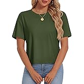 YUCOLEN Women's Crop Tops Summer Short Sleeve Cotton UPF 50+ Round Neck Casual Loose Cropped T-Shirts Solid Basic Tees