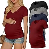 Neer 4 Pack Women's Maternity Shirts, V Neck Cotton Summer Tees Short Sleeve Ribbed Pregnancy Tops Side Ruched Mama Clothes