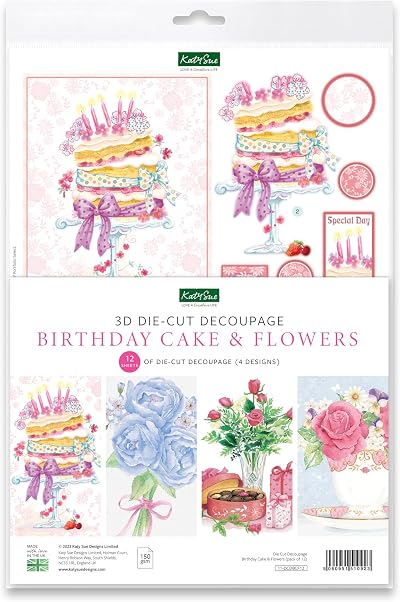 Katy Sue Birthday Cake & Flowers Die-Cut Decoupage Sheets - 12 Pack