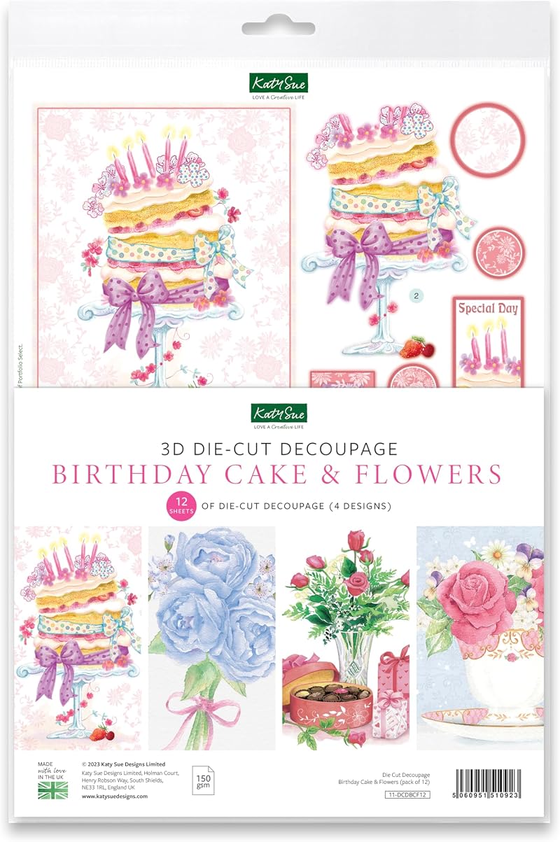 Katy Sue Birthday Cake & Flowers Die-Cut Decoupage Sheets - 12 Pack