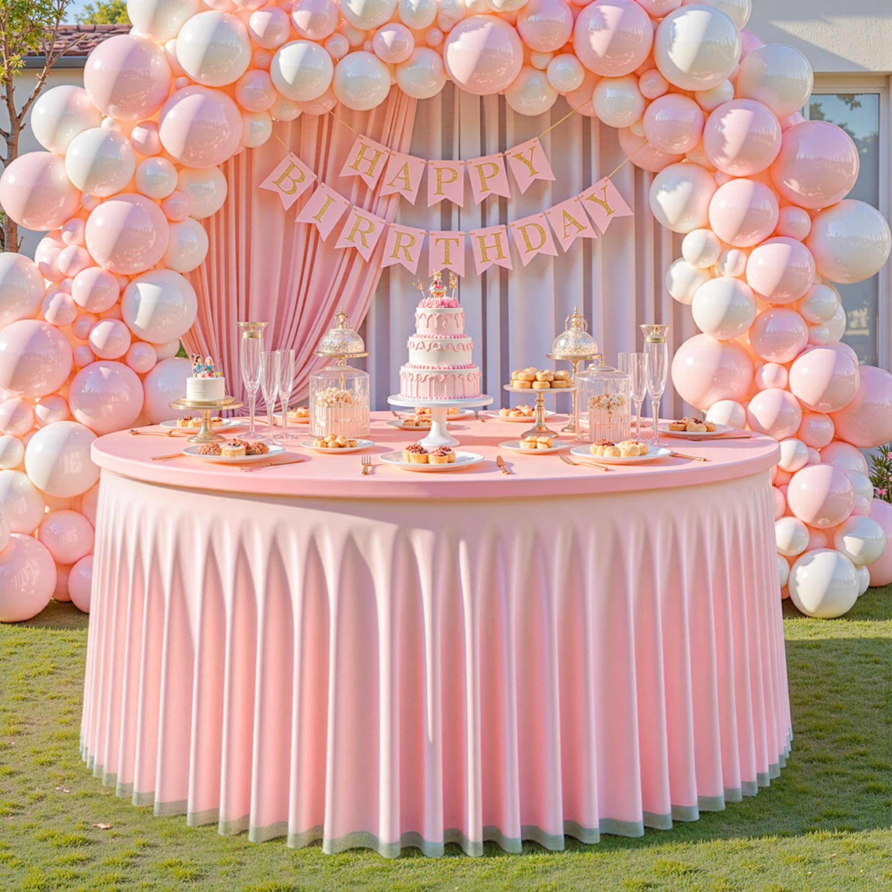 Photo 1 of Pink Tulle Round Tablecloth for 48 inch Tables, Spandex Fitted 4FT Pink Round Table Covers with Tulle Tutu Skirt for Baby Shower Wedding Birthday Party Cake Banquet Table Decoration