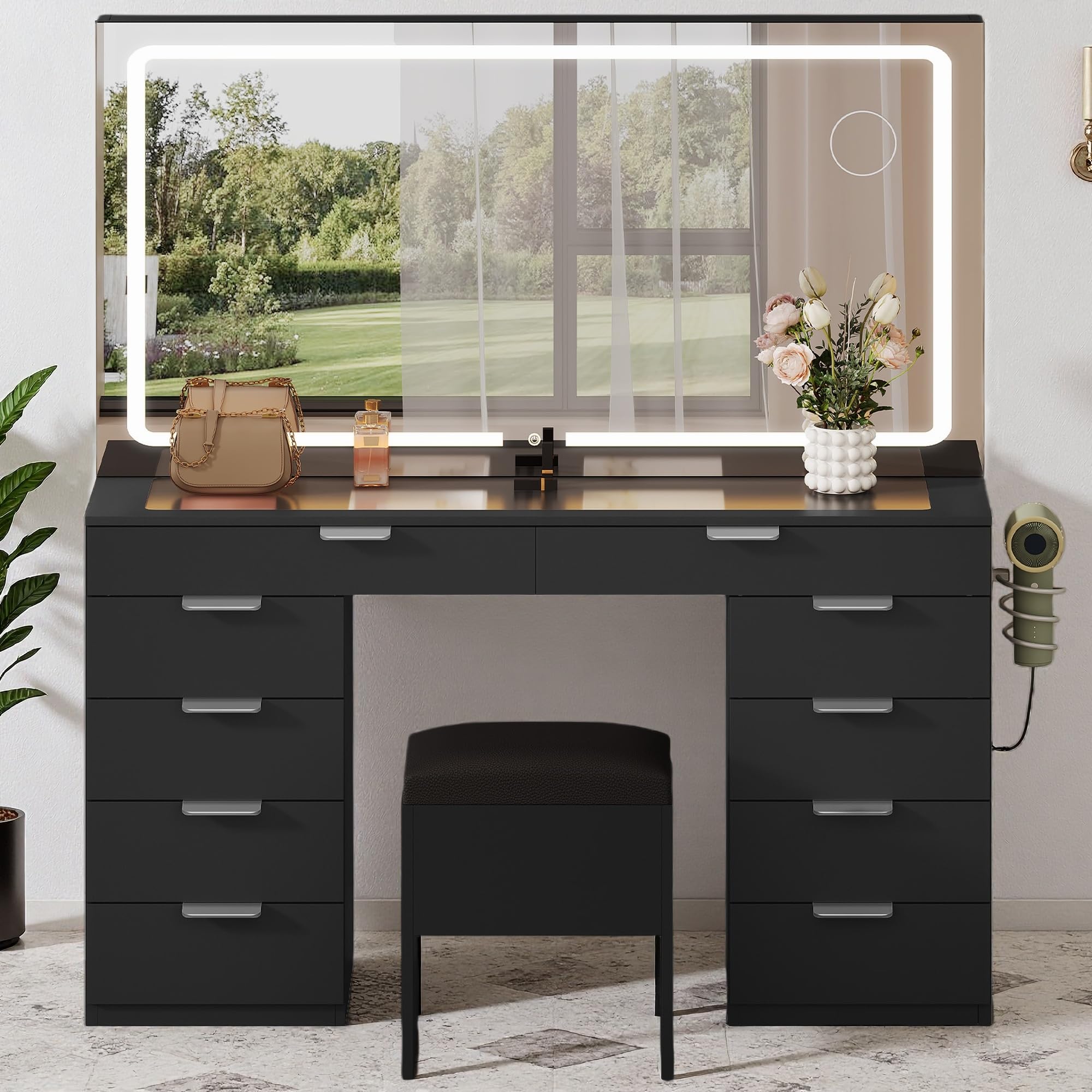 Photo 1 of ***UNKNOWN CONDITION OF THE MIRROR*** YITAHOME Vanity Desk with Large Mirror & LED Lights, 3 Light Modes Makeup Vanity Table Set with 10 Storage Drawers & Power Outlets