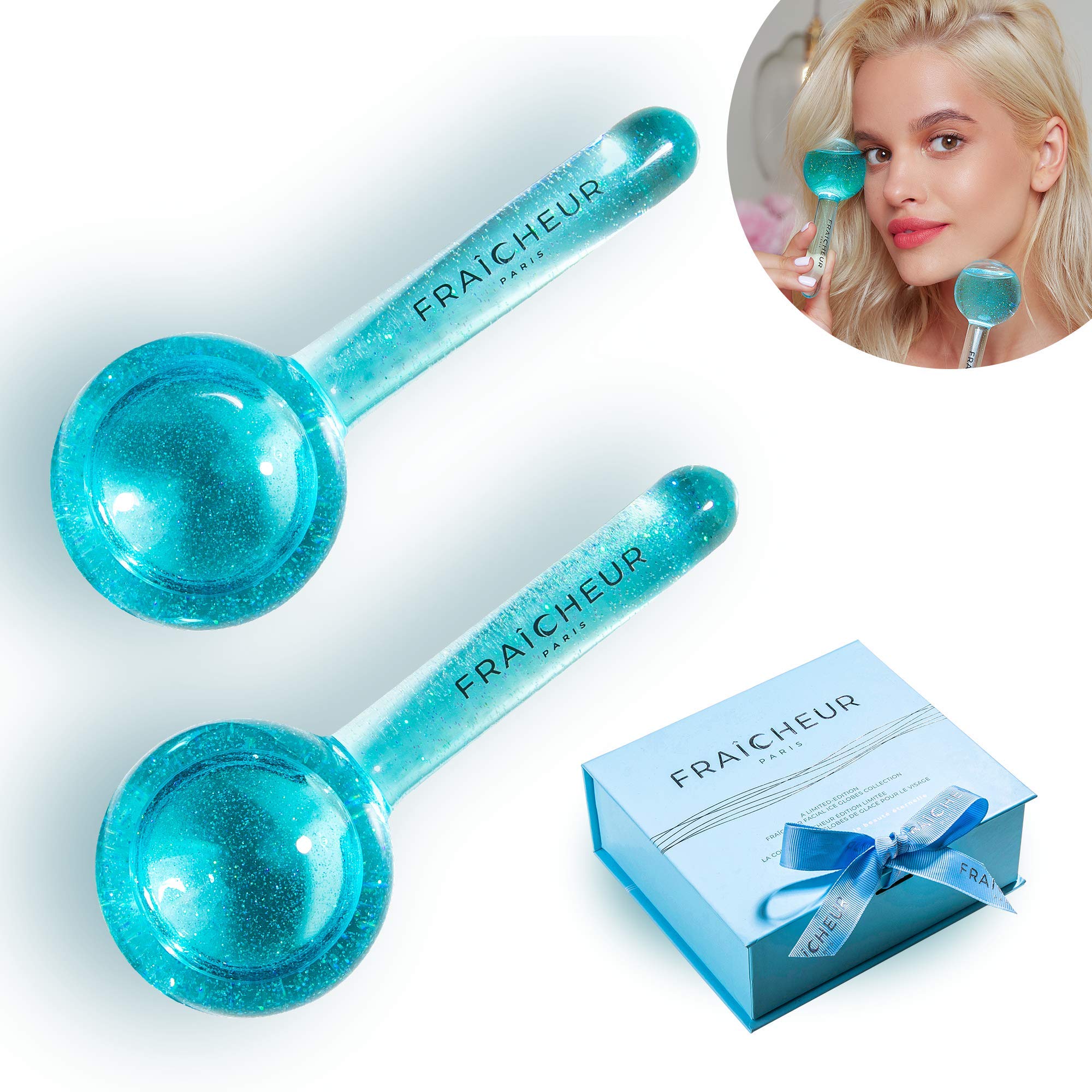 FRAÎCHEUR PARIS ICE Globes | Frozen Cryo Roller for Cold Facial Massage | Skincare Cooling Glass Massager | Arctic Blue Set