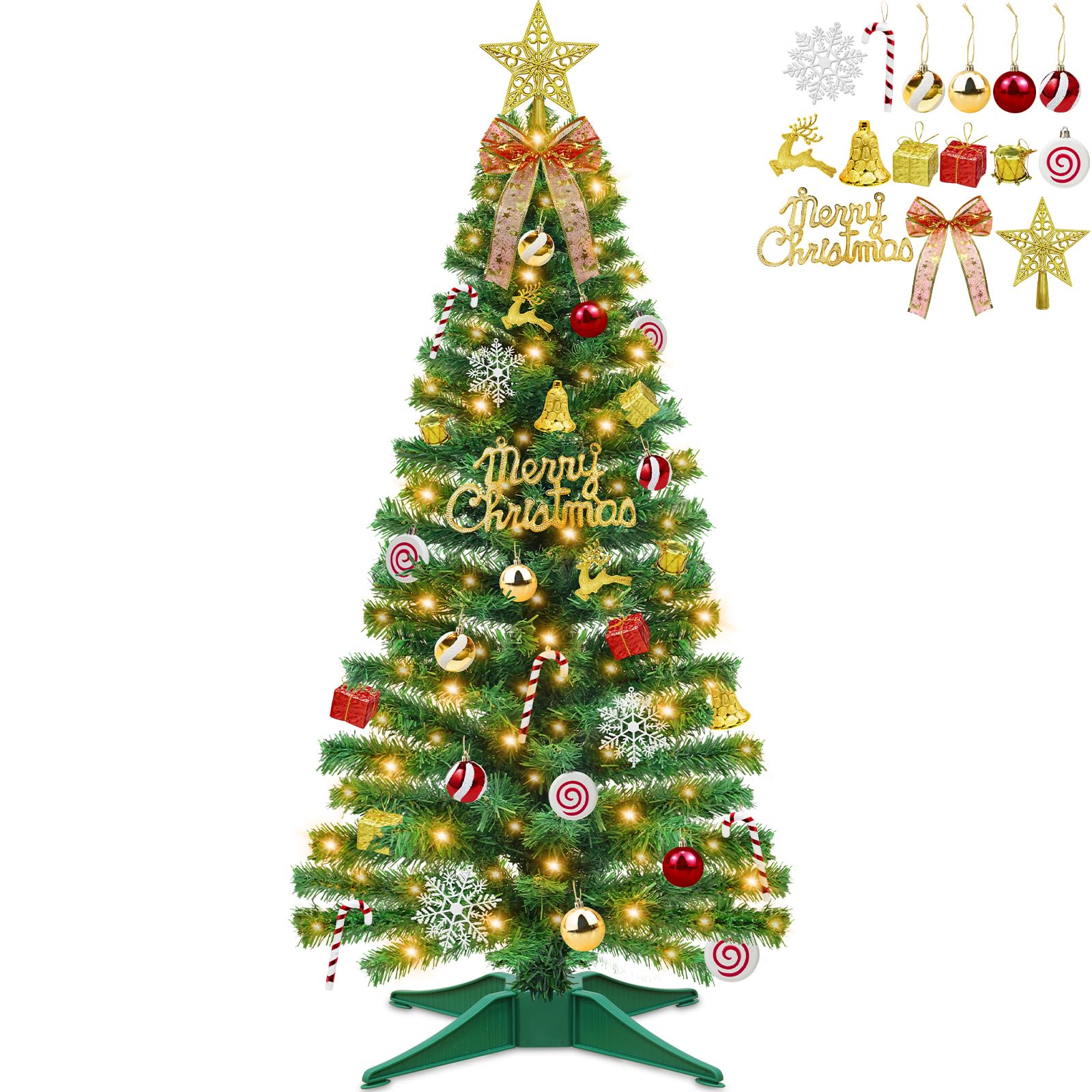 Photo 1 of [ 71 Ornaments ] 4 Ft Artificial Christmas Tree with 100 Warm White Light 3D Star Merry Christmas Sign Ball Bow Deer Snowflake Gift Box Timer Battery Operated Xmas Tree for Indoor Home Decoration