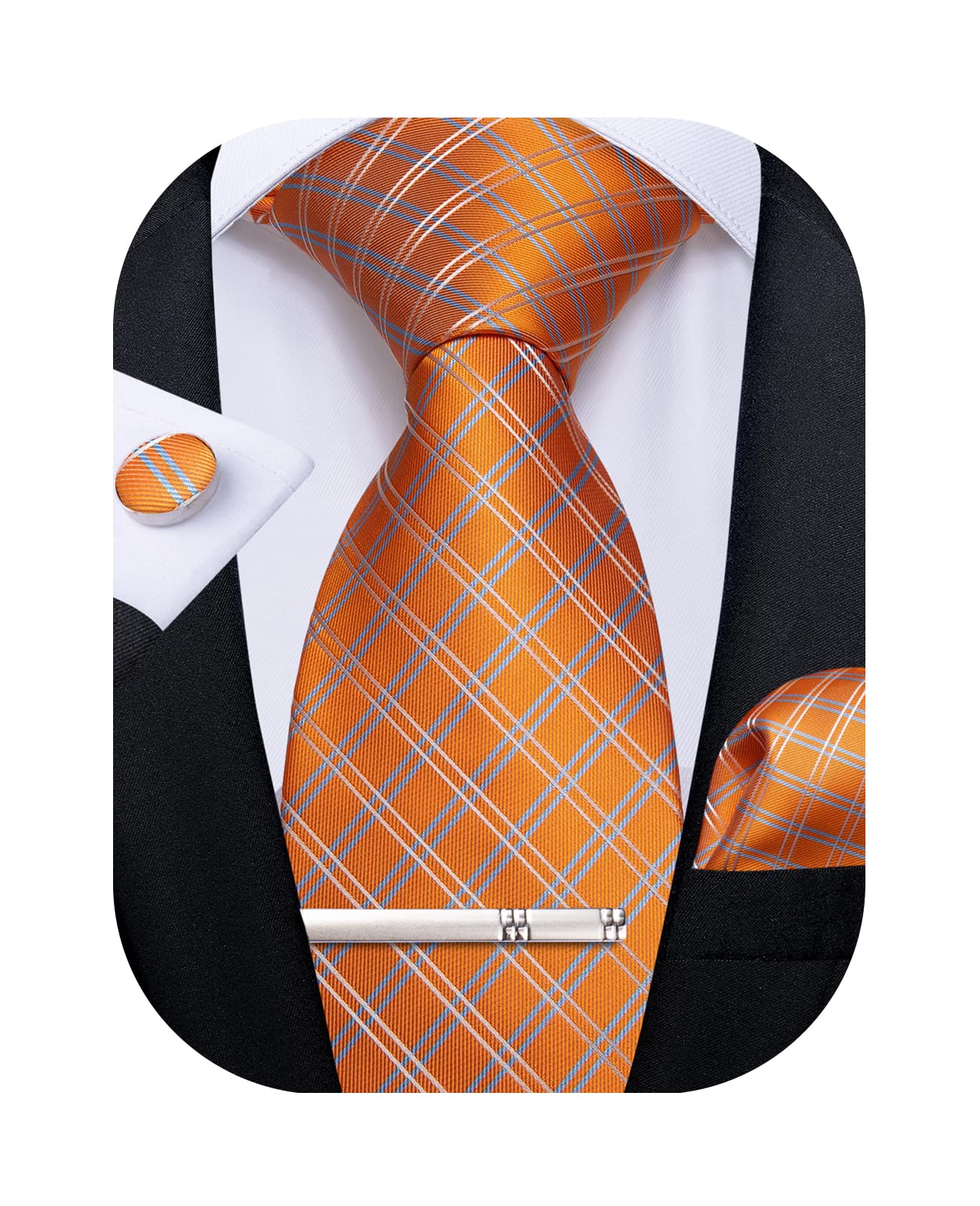 DiBanGu Plaid Tie Men's Silk Tie and Pocket Square Cufflinks Tie Clip Set Wedding Business, White Orange, One size