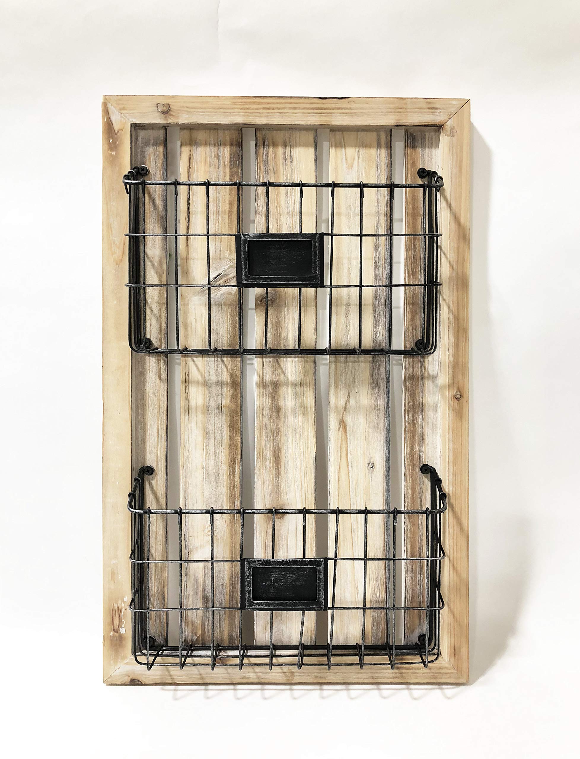 Photo 1 of Designstyles Two Tier Magazine Holder – Wall Mounted Rack with Durable Wooden Frame and Grey Colored Metal Baskets – Organizes Files, Books, Letters, and Folders