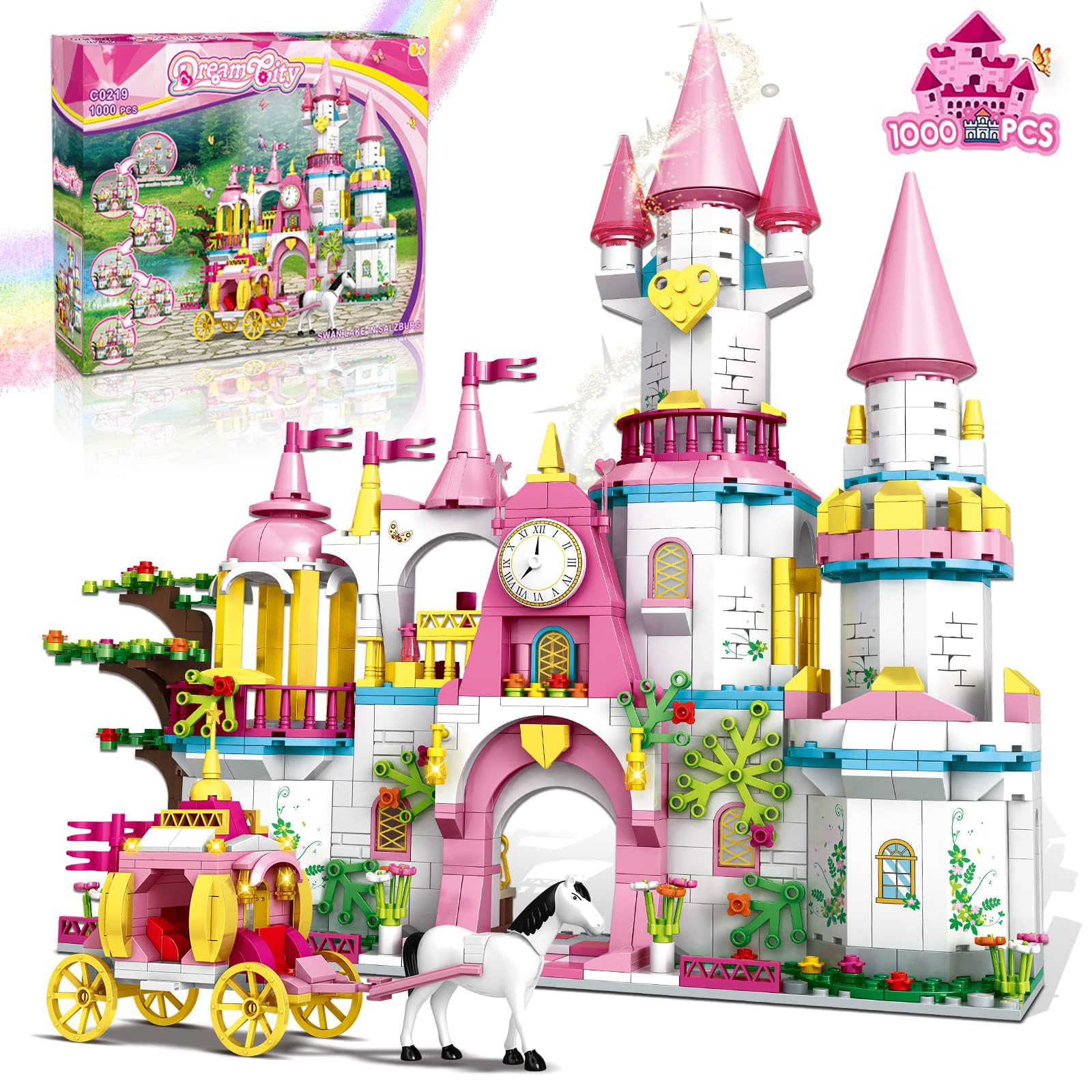 IKIDSUN Castle STEM Building Toys for Girls Ages 6 7 8 9 10 11 12 Years Old, Building Sets Girl Boys, 1000PCS Pink Princess Carriage Playsets Creative Blocks Xmas Toy Gifts Kids