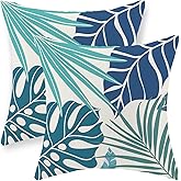Tropical Pillow Covers 18x18 Set of 2 Navy Blue Aqua Teal Monstera Palm Leaf Pillowcase Summer Decorations Tropical Outdoor Throw Pillows Linen Decor Botanical Plant Cushion Case for Home Bed