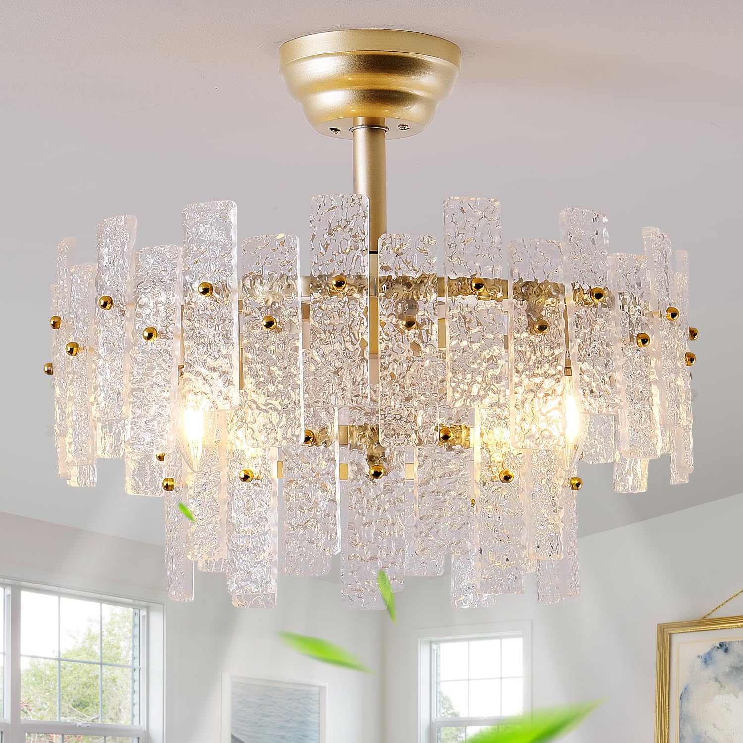 Photo 1 of CELAVIEIOP 20" Gold Fandelier Ceiling Fan with Light,Gold Crystal Chandelier Ceiling Fans with Lights and Remote Control,Mid-Century Modern Caged with 6 Speeds for Living Room Bedroom Nursery