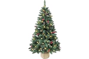 SZCXTOP 4ft Pre-lit Christmas Tree,Artificial Pine 300 PVC Branches Tips with 20 Red Berries & 20 Pinecone & 100 LED Lights & Burlap Wrapped Base Decor Xmas Tree