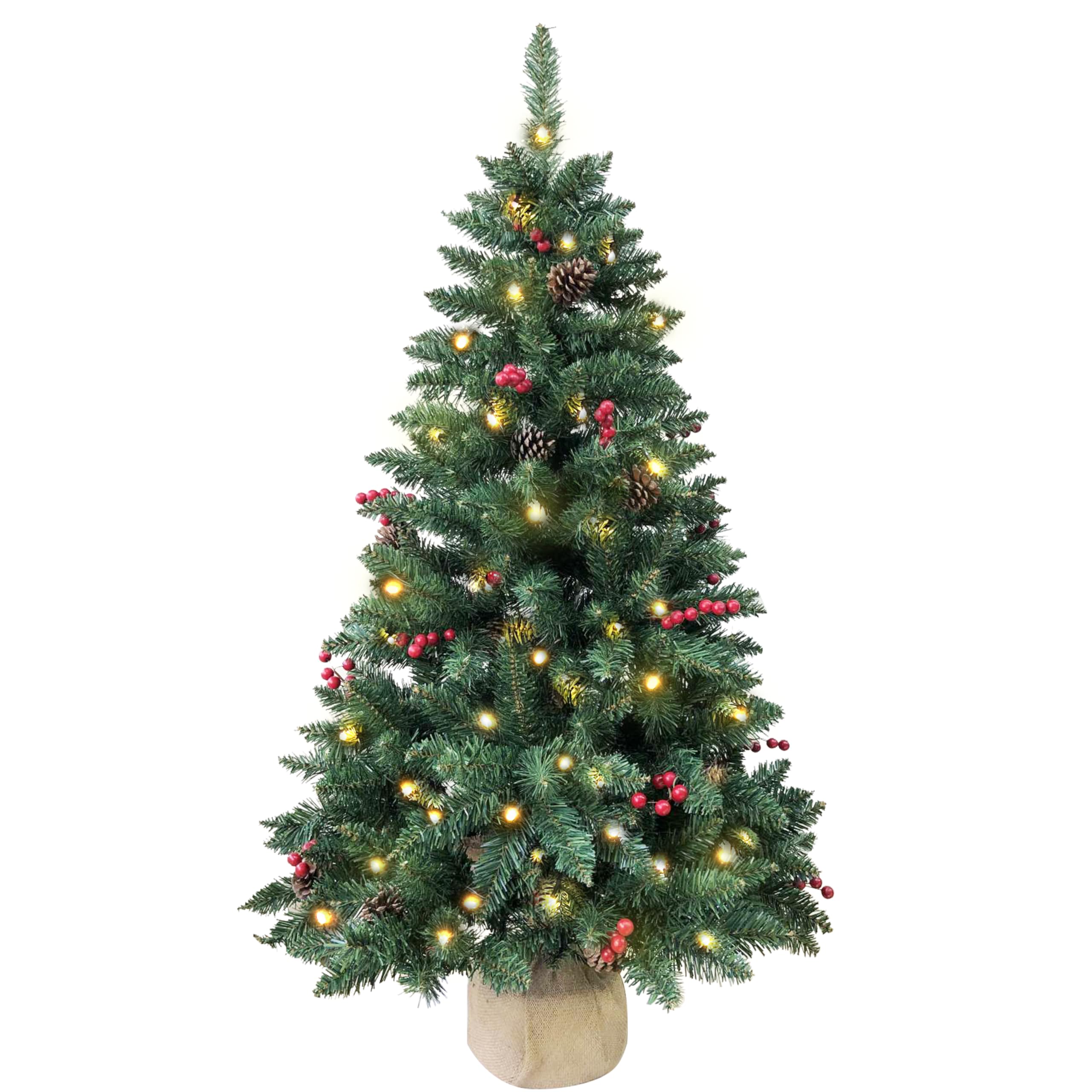 Photo 1 of SZCXTOP 4ft Pre-lit Christmas Tree,Artificial Pine 300 PVC Branches Tips with 20 Red Berries & 20 Pinecone & 100 LED Lights & Burlap Wrapped Base Decor Xmas Tree