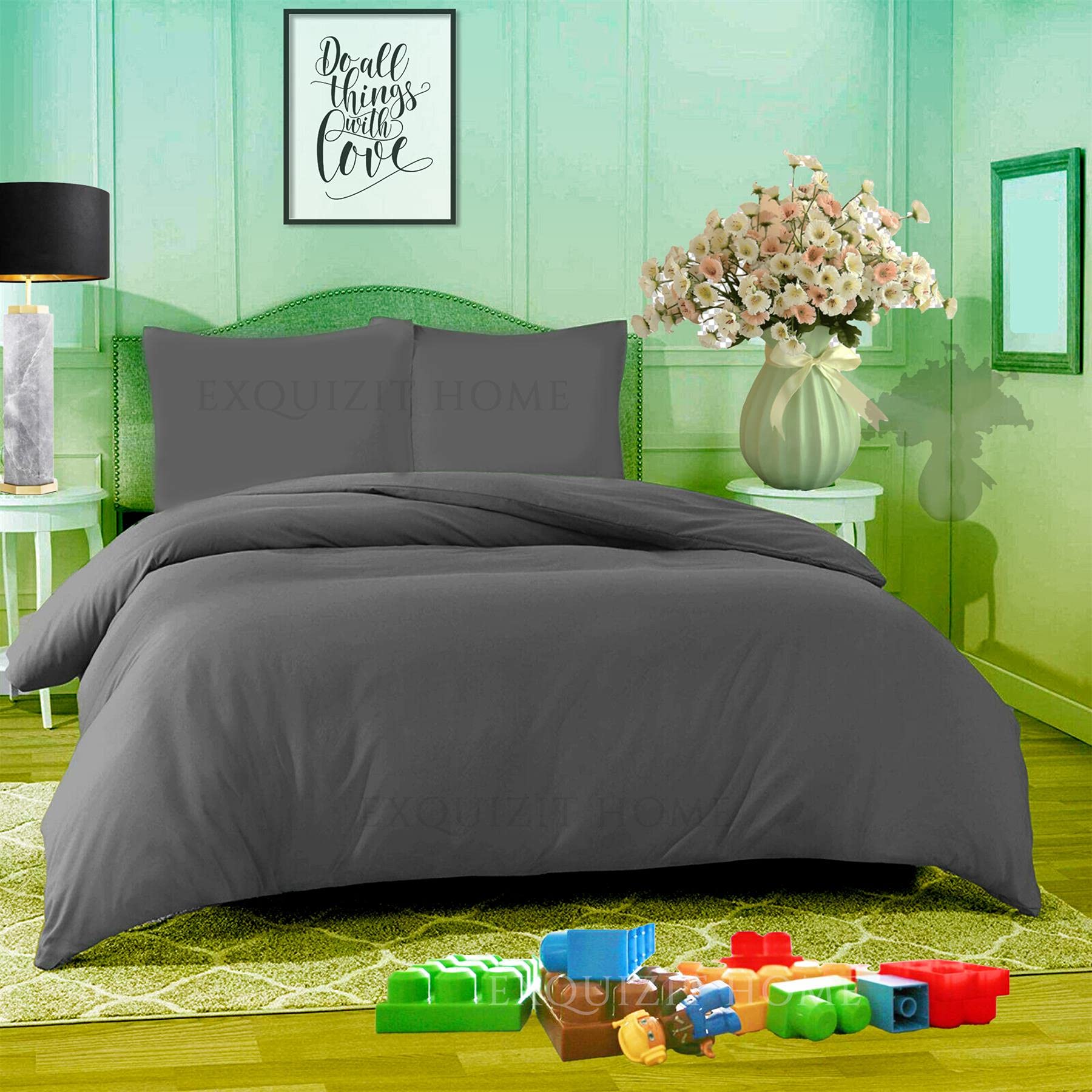EXQUIZIT HOME® Duvet Quilt Cover Bedding Set with Matching Pillowcases Easy Care Plain Dyed Poly Cotton Soft Wrinkle Resistant Hotel Quality Machine Washable Bedding (Grey, Single)