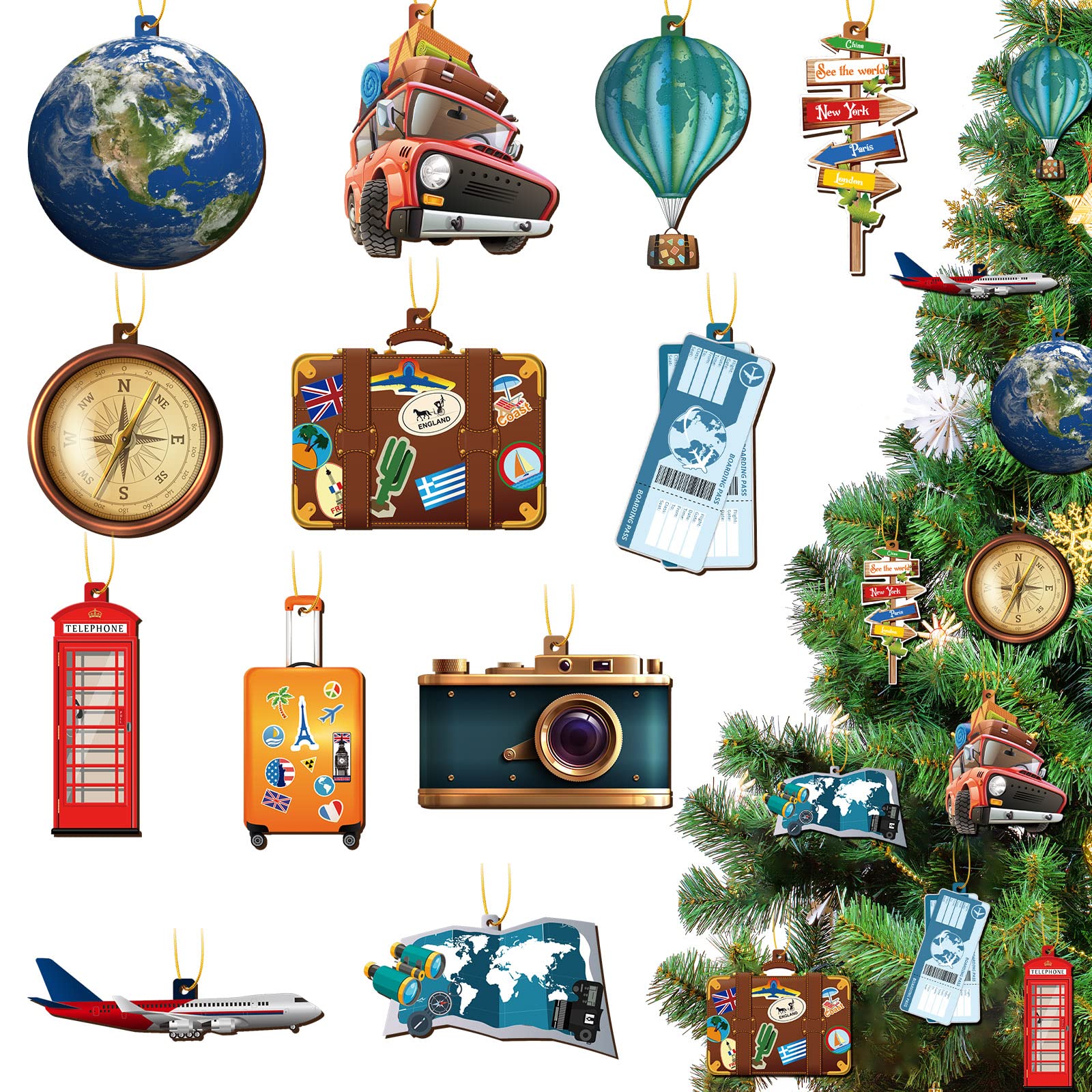 Photo 1 of Lauwell 48 Pieces Christmas Travel Ornaments Tree Luggage Wood World Map Airplane Suitcase Camera Ticket Ornament Signs for Holiday Decor