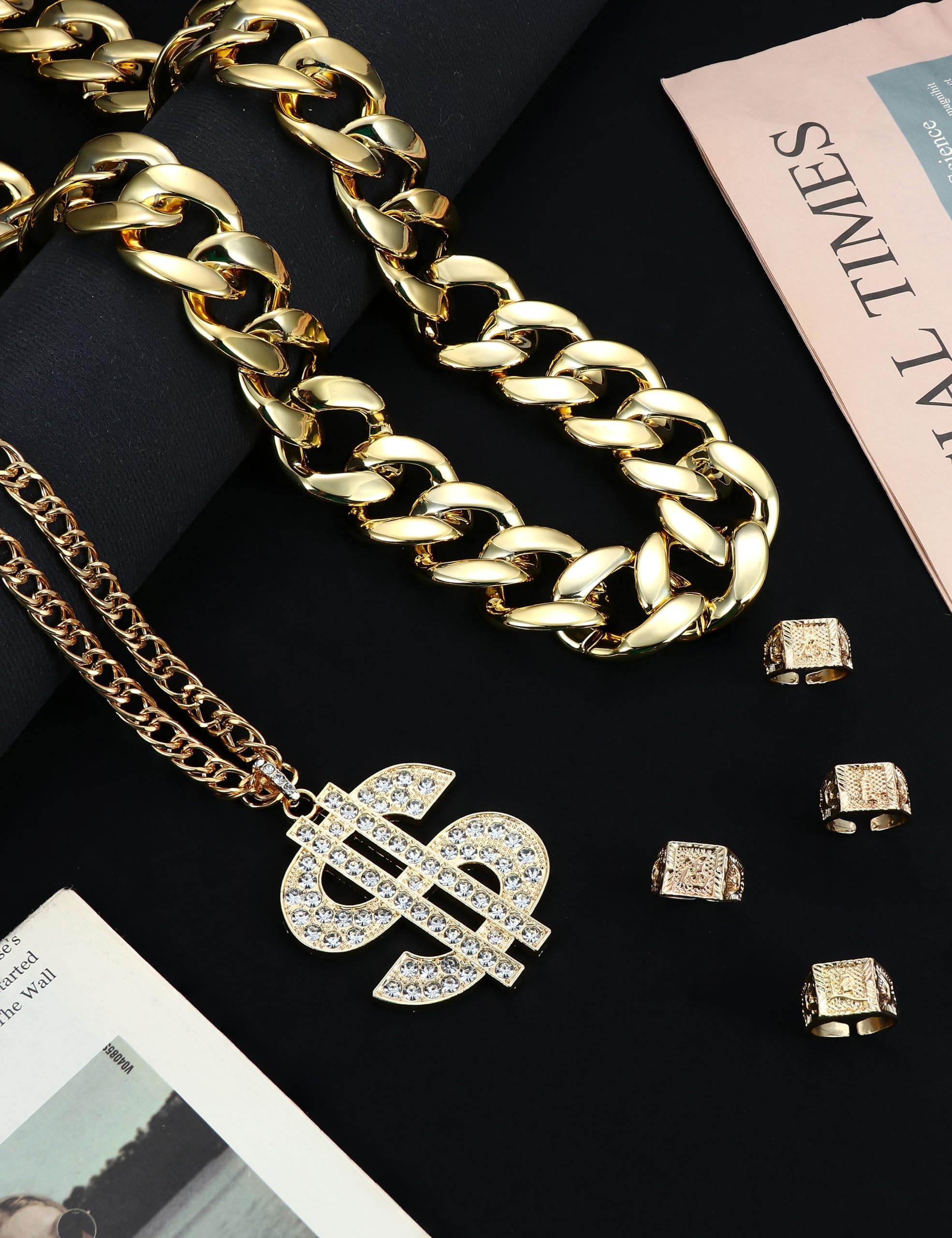 FIBO STEEL 80s 90s Accessories Outfit for Men Women Hip Hop Costumes Outfit Fake Gold Chains Dollar Sign Necklaces and Kanji Blessing Lucky Rings Set 80s 90s Party Jewelry