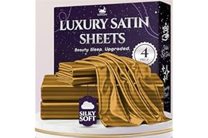 SLEEP SANCTUARY Satin Sheets Queen Size – 4 Piece Luxury Silky Bed Set, Softer Than Silk, 15" Deep Pocket, Cooling & Wrinkle-Free, Moisture-Wicking & Breathable for Hair & Skin (Striped Gold)
