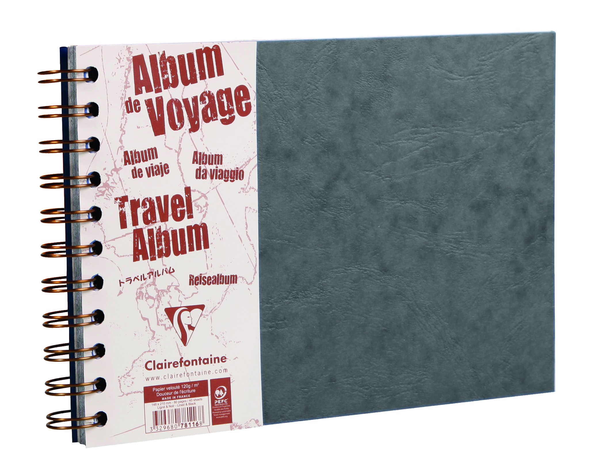 Clairefontaine 781165C Collection Age Bag Grey Spiral Travel Album - A5 21x14,8cm - 80 Pages - White 120g Lined + Black Grain Paper 160g - Cover Leather Grain