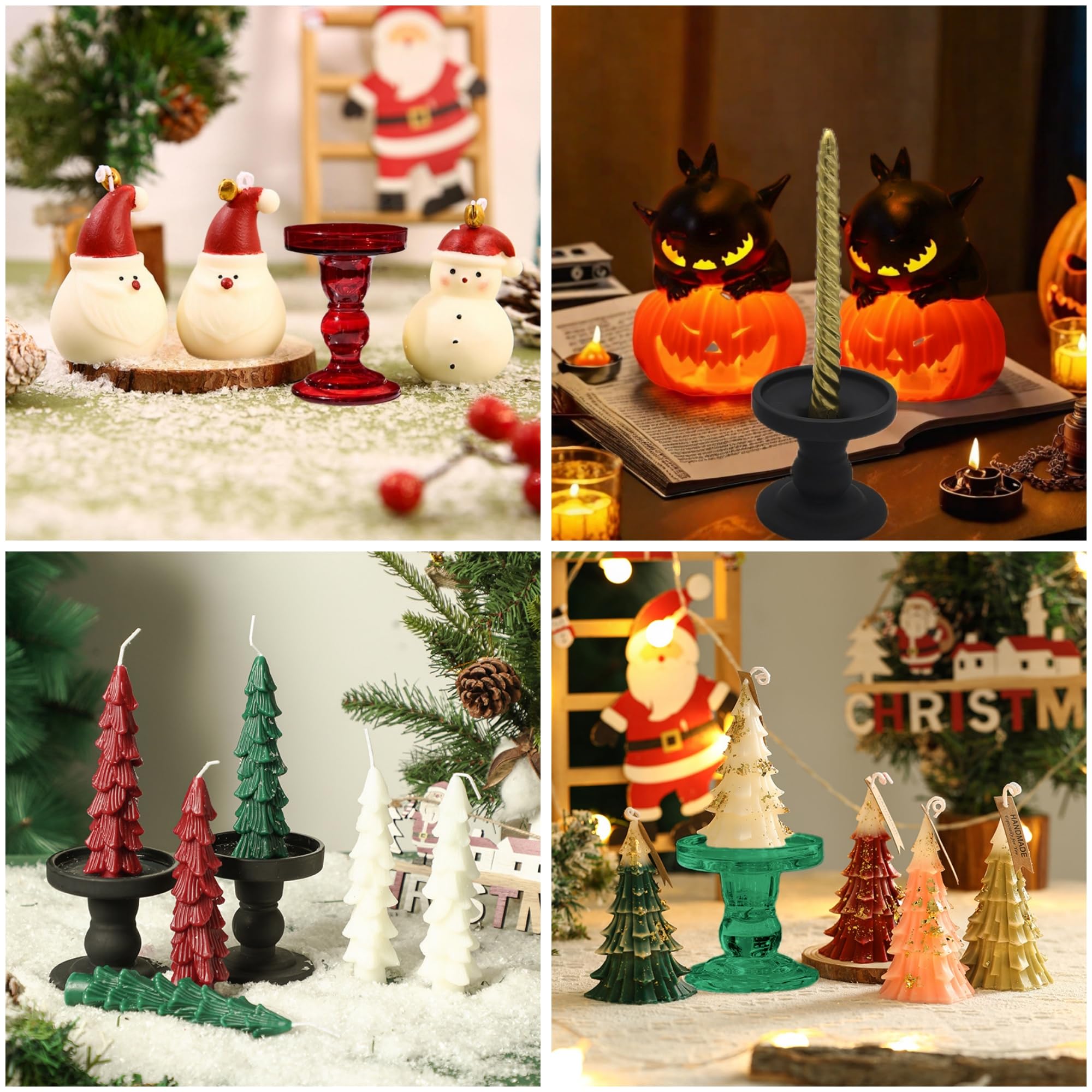 Green Glass Candle Holders Set of 3 Clear Candlestick Holders Vintage Candle Stands for Pillar Taper Candle Tealight Home Decor Table Centerpieces Christmas, Candleholder Sets with 4 Pcs Taper Candles