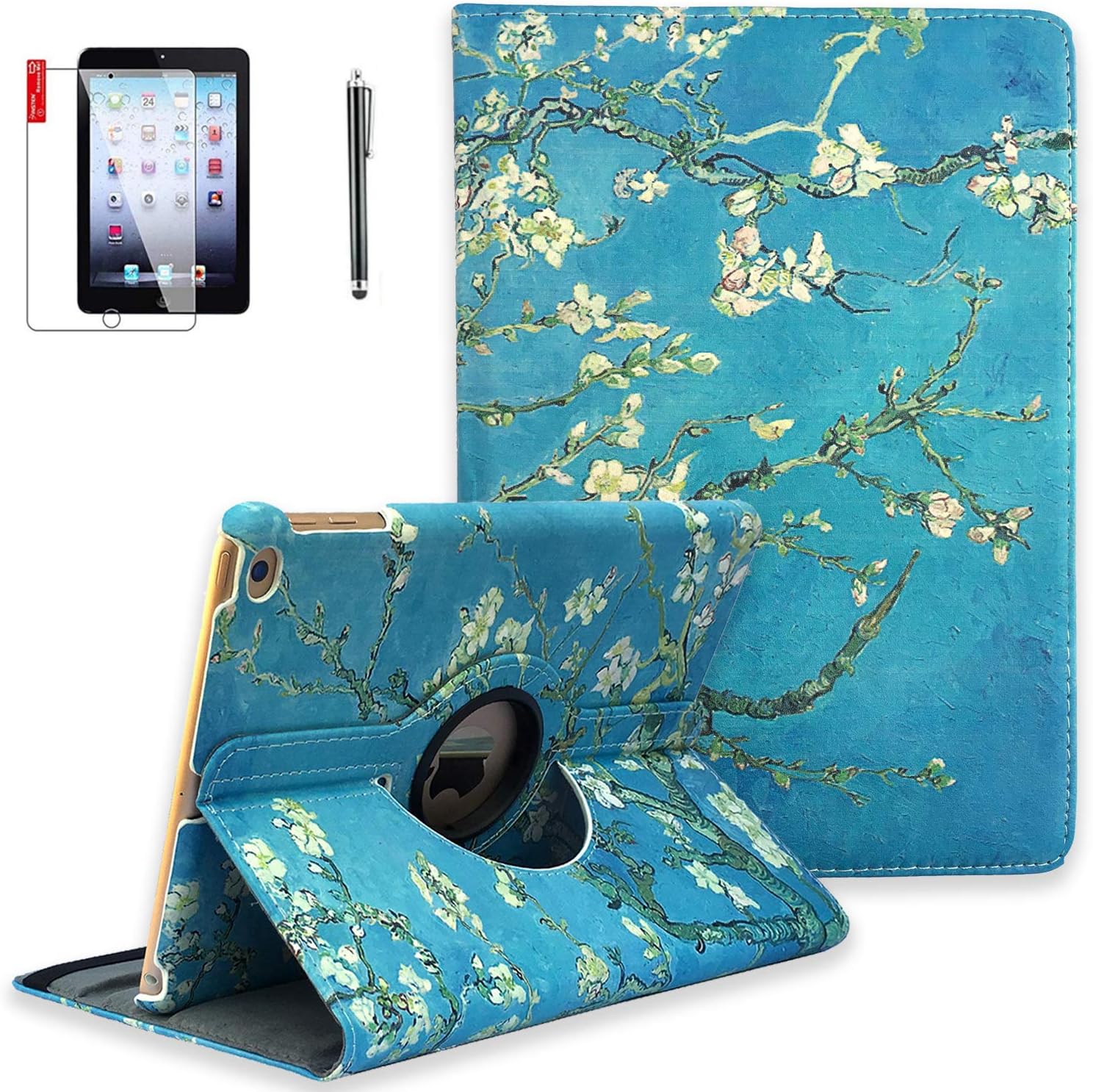 NEWQIANG iPad Case with 360 Degree Rotating Stand Protective Cover and Auto Sleep Wake for Apple iPad 9.7 inch iPad 2 / iPad 3 / iPad 4 Models A1395 A1396 A1397 (iPad 2 3 4, Pear Flower)