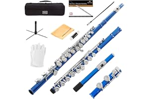 Mendini By Cecilio Flute, 16 Keys C Flute Instrument Closed Hole For Beginners with Carrying Case, Cork Grease, Stand, Lesson Book, Cleaning Kit, Gloves (Blue)